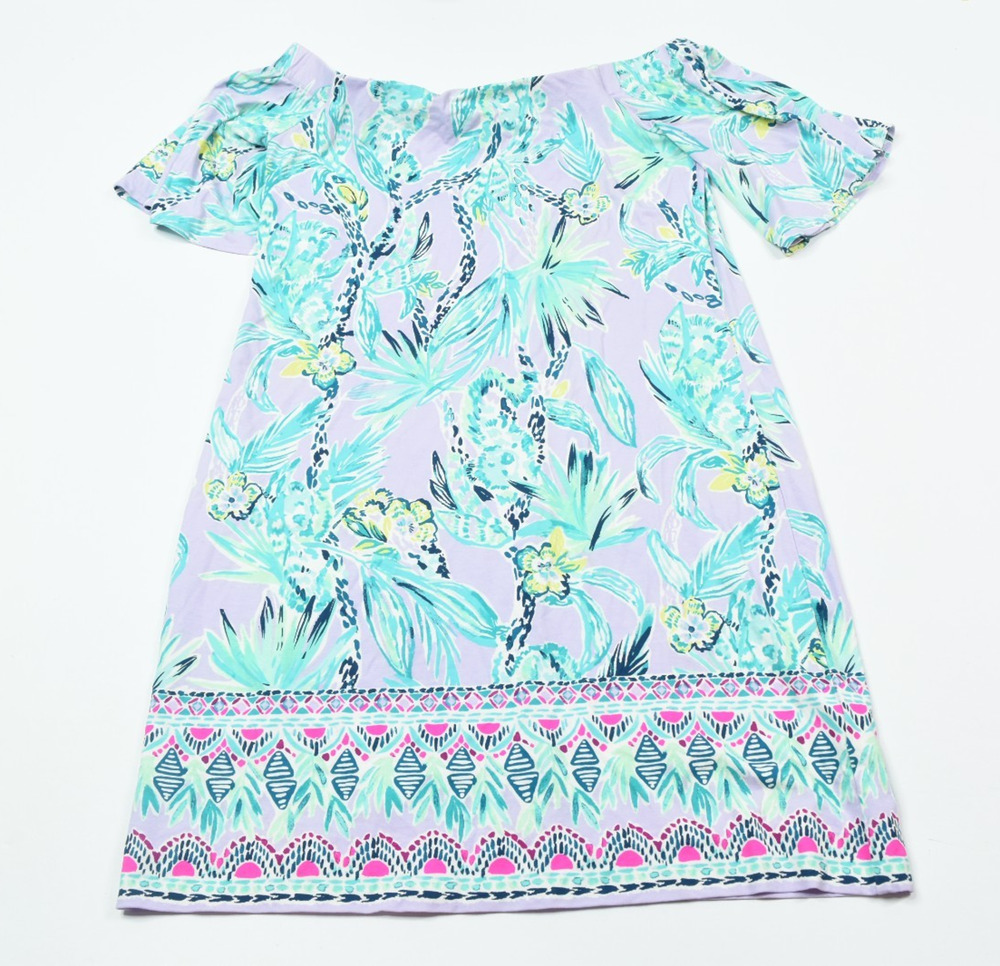 Lilly Pulitzer Fawcett Off-the-Shoulder Dress Womens Medium Blue Pink Floral